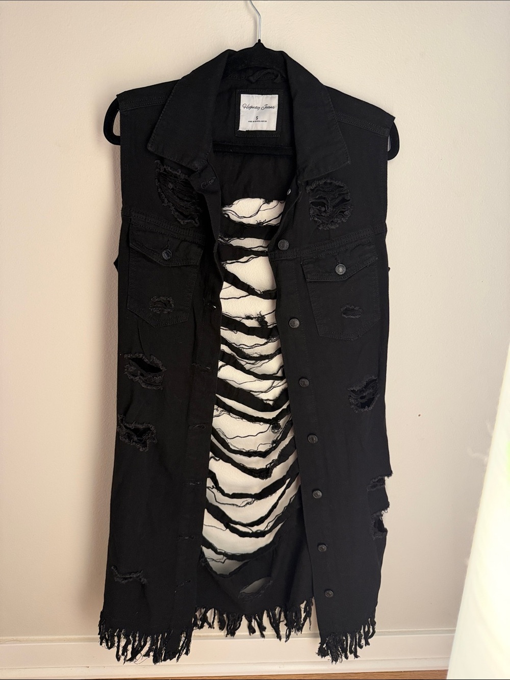 Highway Jeans Black Distressed Sleeveless Long Denim Vest